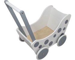 Playwood - Houten Poppenwagen wit zilver met stip met wit rubber