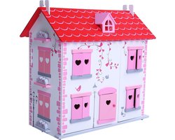 Playwood - Poppenhuis wit/roze inclusief meubels; Openklapbare voorkant