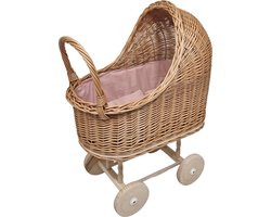 Playwood - Rieten Poppenwagen - kinderwagen- roze bekleding met kussentjes rieten kap -houten wielen