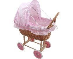 Playwood - Rieten poppenwagen licht roze met witte stippen met opvouwbare stoffen kap - Plastic wielen