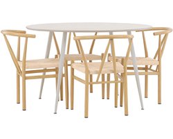 Plaza eethoek tafel Ø120cm en 4 stoelen met armleuningen stapelbaar beige.