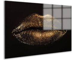 Plexiglas Schilderij Gouden Lippen – Glamour – Modern Design – Stijlvolle Kunst Voor Luxe Interieur – Slaapkamer Muurdecoratie - Woonkamer schilderij - Glasschilderij 105x70 cm