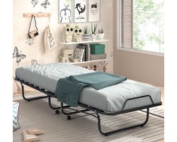 Plooibed Xenia - Zwart - Inclusief Matras 90x200 cm - Rousseau - Logeerbed - Zwart - Schuim; Metaal Eenpersoons Opklapbed