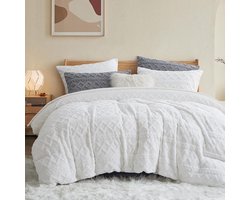 Pluche beddengoed, 135 x 200 cm, 2-delig, warm, romantisch wit beddengoed, getuft boho, wollig teddy beddengoedsets voor winter, geometrie, omkeerbaar beddengoed, flanel, meisjes, kussensloop