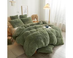 Pluche beddengoed, 135 x 200 cm, wollig, warm dekbedovertrek, fleece, langhaar, kunstbont, pluche beddengoedset met ritssluiting, 135 x 200 cm + 80 x 80 cm, saliegroen