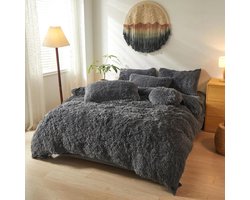 Pluche beddengoed, 200 x 200 cm, grijs, winter, wollig, warm, dekbedovertrek met ritssluiting en 2 kussenslopen 80 x 80 cm, knuffelig - Antraciet