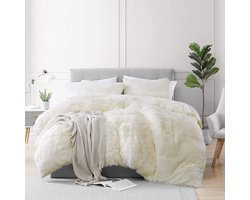 Pluche beddengoedset, 135 x 200 cm, meisjes, wit, warm, winter, lang haar, wollig, flanel, dekbedovertrek met ritssluiting en kussensloop, 2 stuks, 80 x 80 cm