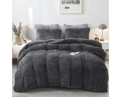 Pluche beddengoedset, 200 x 200 cm, donkergrijs, warm, winter, wollig, flanel, dekbedovertrek voor meisjes, dekbedovertrek met ritssluiting en 2 kussenslopen, 80 x 80 cm, tweepersoonsbed