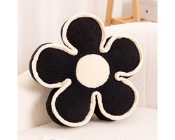 Pluche Bloem Kussen - Rond Zitkussen voor Bank en Bed - Decoratief Sierkussen - Zwart (35 cm)