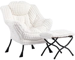 Pluche Fauteuil met Voetenbank - Beige Relax Stoel - Luxe Lounge Stoel met Armleuningen - Accent Stoel voor Woonkamer en Slaapkamer - Comfortabele Sofa met Stalen Frame