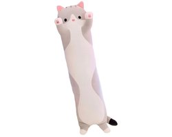 Pluche kattenkussen - Lang kussen - Extra groot - Schattige grote pluche kat - Lief kussen om op je zij te slapen - 50 cm -Grijs