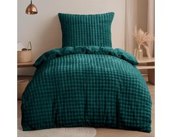 Pluche winterbeddengoed, groen, 140 x 200 cm, warm, behaaglijk, zacht, wollig, fleece, luxe omkeerbaar dekbedovertrek met ritssluiting en 1 kussensloop van 80 x 80 cm