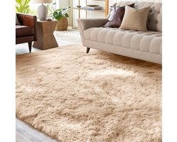 Pluizig hoogpolig tapijt, beige, wasbaar tapijt, 160 x 230 cm, woonkamer, antislip, extra grote tapijten, slaapkamer, zacht, modern tapijt, mat tapijten voor kinderkamer