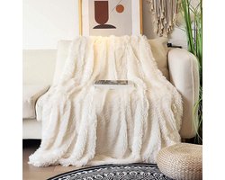 Pluizige deken, super zachte langharige pluizige fleece deken, warme PV en flanel dubbelzijdige nepbont gooien, gezellige pluizige deken voor bed, bank, stoel, auto, 200 x 220 cm, crèmewit