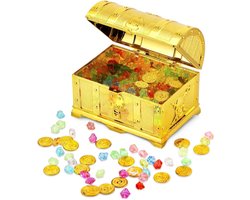Plus - Gouden schatkist voor kinderen met munten en edelstenen, piratenthema, decoratie voor verjaardag