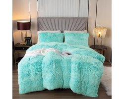 Plush Bed Linen Set 135 x 200 cm Flannelette Fluffy Duvet Set for Bed Shaggy and Plush Soft Bed Linen Duvet Covers and 1 Pillowcase 80 x 80 cm, Aqua Ombre