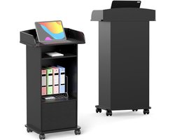 Podium Lessenaar - Staand Bureau - Presentaties Geven - Met Wielen - Houten Constructie - Bruin