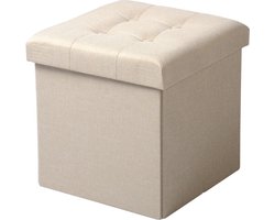 Poef - Cream - Beige - Linnen - Opbergpoef - Hocker - Bankje - Schoenenbankje - Opslag Poef - Woonkamer, Hal, Slaapkamer