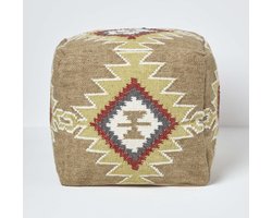 Poef in boho look, bruin en oranje kelim-voetenbank Jaipur, thema vloerkussen voor woonkamer of slaapkamer, van wol en katoen in retro stijl, 43 x 43 x 43 cm