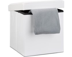 Poef - lederen Poef - Poef met Opbergruimte - Opbergbox - Hocker -Opvowbare Poef - Opbergdoos - 38 x 38 x 38 cm - Wit