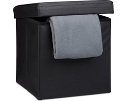 Poef - lederen Poef - Poef met Opbergruimte - Opbergbox - Hocker -Opvowbare Poef - Opbergdoos - 38 x 38 x 38 cm - Zwart