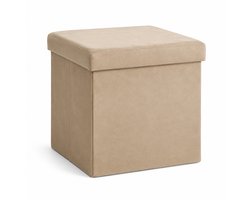 Poef met Opbergruimte 38x38 cm – Fluweel Donkerzand – Inklapbare Opbergpoef – Hocker Voetenbank – Opvouwbare Zitkubus met Deksel