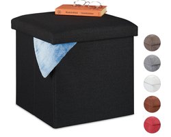 poef met opbergruimte - opvouwbaar - zacht - stof - tot 80 kg - hocker - zwart