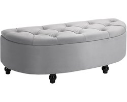 Poef – Opbergpoef – Hocker – Voetenbank – Bankje – Grijze Velvet Bekleding – Zwarte Rubberhouten Pootjes