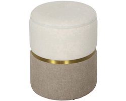 Poef – Opbergpoef – Zitzak – Voetenbankje – Hocker – Ronde Opbergpouf – Crème Wit Met Gouden Accenten – Zachte Chenille Zitting Met 30L Opbergruimte – Stevige MDF Constructie Met Metaalring 36x36x44 cm
