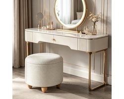 Poef Opbergruimte – Rond 39 x 33 cm – Linnen En Hout – Creme Wit – Als Voetbank, Schoenhulp En Bijzettafel Voor Binnen