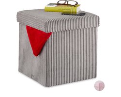 poef - opvouwbaar - ribstof - met deksel - opbergruimte - 38 x 38 x 38 cm - grijs