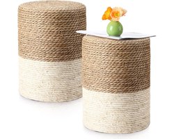 Poef Ottomaanse Set - Ronde Krukken - Zitten en Voetensteun - Handgeweven Zeegras - 30x30x38 cm - Natuurlijk Wit