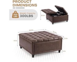 Poef – Ottoman – Zitzak – Voetenbank – Hocker – Grote Vierkante Opbergpoef – Donkerbruin Kunstleer – Lift-Top Met Opbergruimte