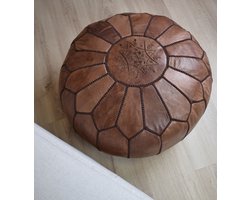 Poef rond - Bruin - Poef leer - Handgemaakt en stijlvol - Gevuld geleverd