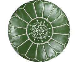 Poef Rond - Olijf Groen - Poef Leer - Handgemaakt en uniek - Gevuld geleverd - Poufs&Pillows