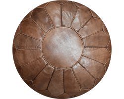 Poef Rond (XL) - Chocolate Brown - Poef Leer - Handgemaakt - Ø60 x 35cm - Gevuld geleverd