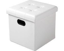 Poef Zizi Deluxe - Met opbergruimte - Voetenbank met opbergruimte - Opbergbox hocker - Zitkist met deskel - Wit - Kunstleer - 37.5x37.5x38cm