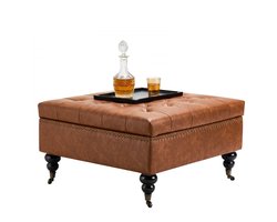 Poef/Ottoman - Vierkante Voetenbank - Met Opbergruimte - Opvouwbaar Ontwerp - Gecapitonneerde Knopen - PU-leer - Als Salontafel - Bruin