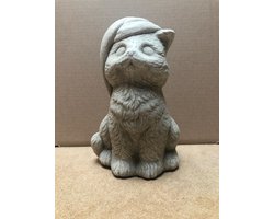 Poes met feestmuts (Wit/gepattineerd) - decoratie voor binnen/buiten (vorstbestendig) - beton