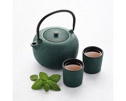 Point-Virgule set geribbelde theepot en 2 kopjes uit gietzijzer met interne emaillaag Forest Green