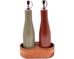 Point Virgule Set van olie- en azijnfles uit steengoed en houder uit acacia 16x8x25cm