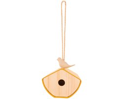 Point-Virgule vogelhuisje uit bamboevezel okergeel met vogel, opening 28mm, 16x14x16.5cm