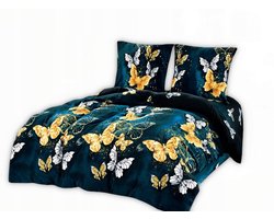 Polar dekbedovertrek 160x200 cm - Cederturkoois, goud, wit met vlinders