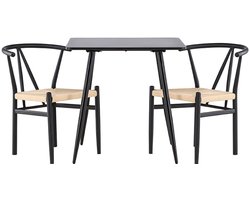 Polar eethoek tafel 75x75cm en 2 stoelen met armleuningen stapelbaar zwart.