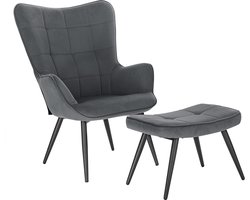 Polaza® Stoel Met Voetensteun - Fauteuil -  Lounge Chair - Lounge Stoel - Stoel hoge rugleuning en kruk - Stoel voor kantoor - Donker Grijs