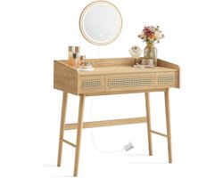 PolderGoods - Kaptafel met spiegel - make up tafel met Spiegelverlichting | 3 Laden | 3 Lichte Kleuren | Beige eiken