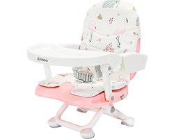 PolderGoods - Stoelverhoger voor eetkamerstoel - Zitverhoger Peuter Eettafel - Verstelbare hoogte - met verwijderbare lade - 3 punts veiligheidsharnas - Opvouwbare - Roze Flamingo's