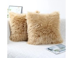 PolkaHome 2 Stuks Zachte Sierkussenhoezen Kunstbont Kussenhoes Lang Haar Imitatiebont Bankkussen Knuffelkussen 40 x 40 cm - Beige