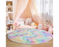 PolkaHome® Cirkel Rond Vloerkleed Ø100 cm - Superzacht Modern Vloerkleed - Hoogpolig Fluffy Tapijt - Antislip Carpet voor Woonkamer, Kinderkamer & Slaapkamer (Regenboog)