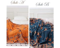 PolkaHome Dubbelzijdige Boheemse Grote Plaid - 100% Biologisch Katoenen Handgeweven Bed en Banksprei, Gezellig Boho-Accent voor 2-3-Zits Banken en Fauteuils - 150 x 200 cm, Oranje Vogel